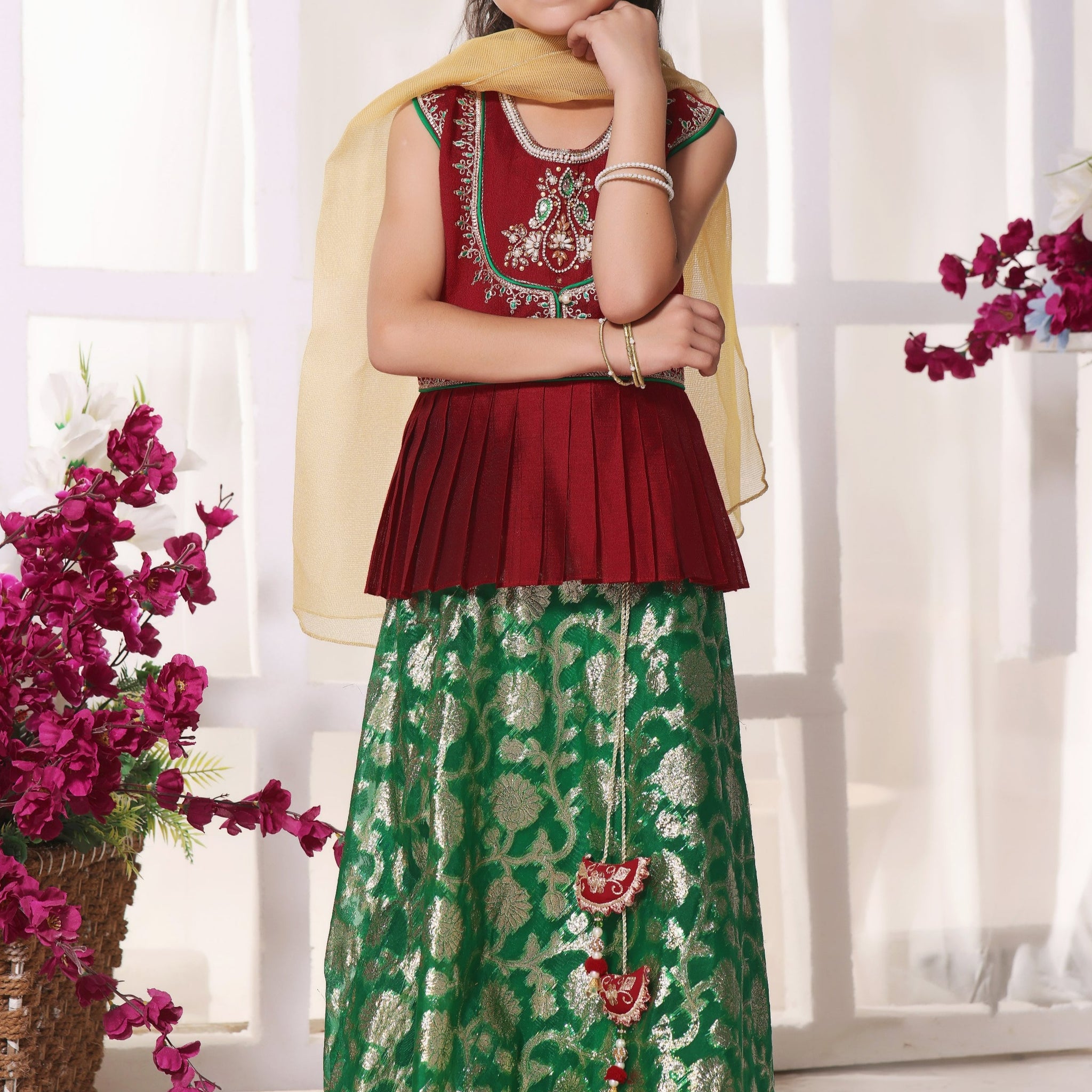 3 Piece Suit - Formal Jacquard Jamawar Sharara - KKZ035