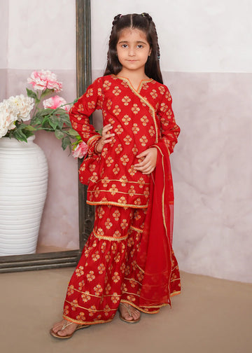 3 Piece Rawsilk Printed Gharara kk-5643