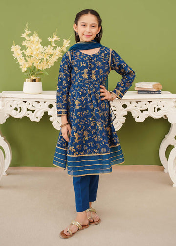 3 Piece Blue Linen Printed Suit kk-5644