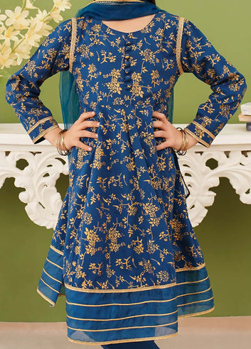 3 Piece Blue Linen Printed Suit kk-5644