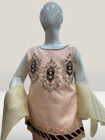 Girls’ 3-Piece Raw Silk Gharara Suit with Net Dupatta kk-4428