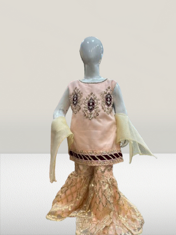 Girls’ 3-Piece Raw Silk Gharara Suit with Net Dupatta kk-4428