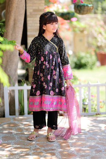 KBD-02330 | Black & Multicolor | Casual 3 Piece Suit  | Cotton Gold Printed Lawn